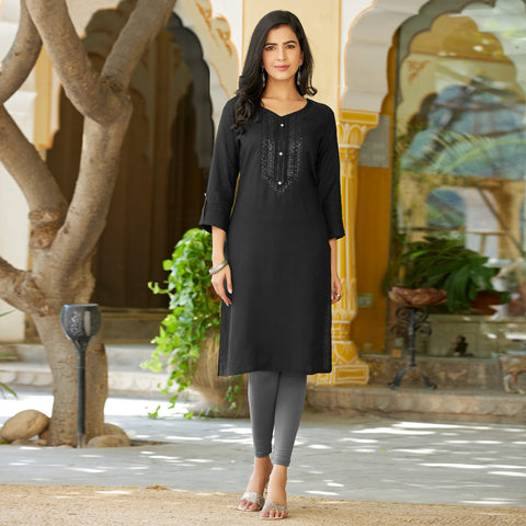 Amazon.com: Indian Women's Tunic Tops Straight Rayon Black Kurtis Pant Sets  W Chiffon Dupatta/A-Line Kurti Tunics : Clothing, Shoes & Jewelry